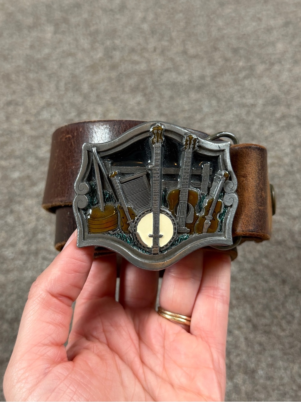 Vintage Country Western Musical Instruments Enamel Leather Belt Buckle USA Made